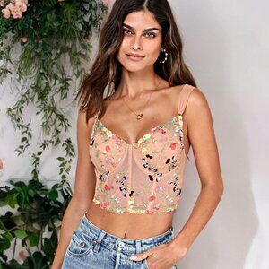 Women's Embroidered Floral Crop Corset Top Sleeveless Bustier Mesh Multicolor